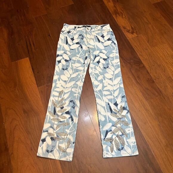 Express Jeans women’s mid rise straight leg decorative blue print jeans size 7/8 - Picture 1 of 9